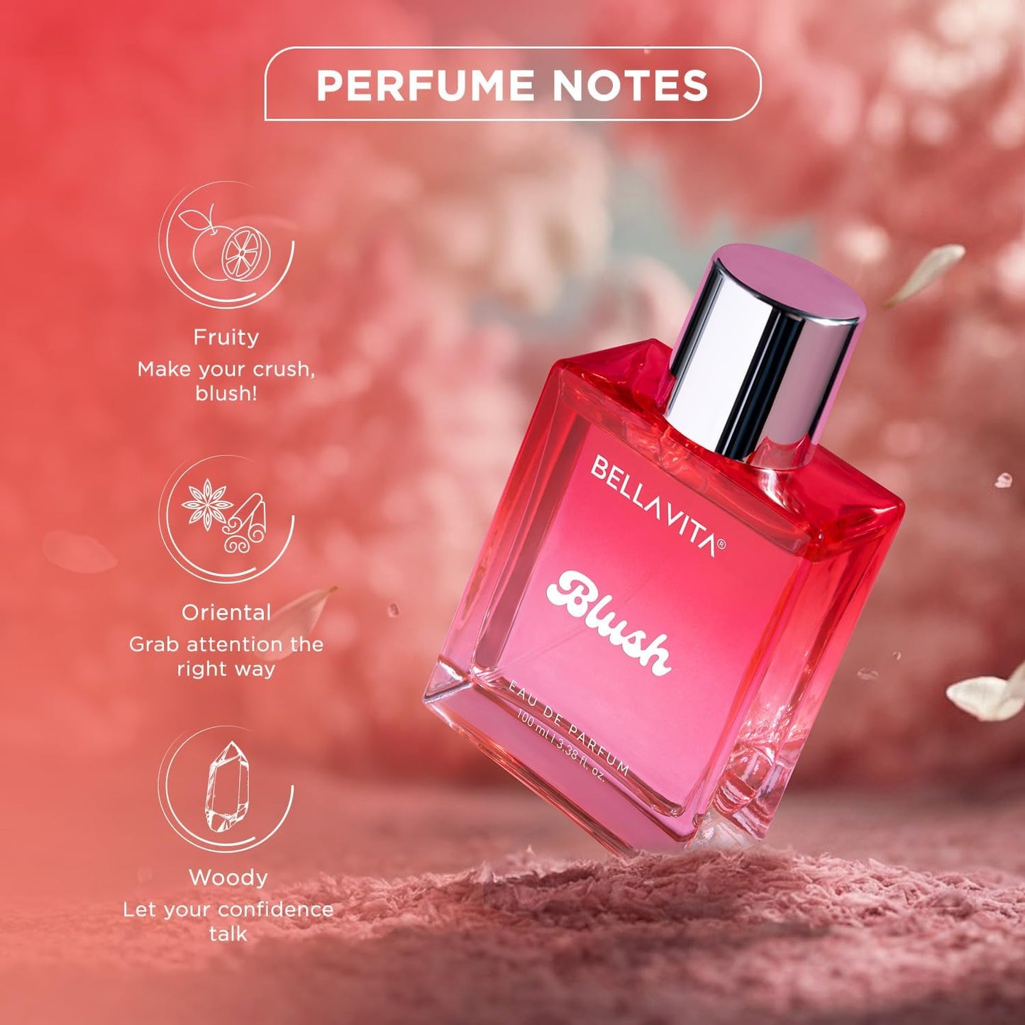 Pink perfume bottle labeled 'Blush' by Bellavita with fragrance notes on a soft pink background.
