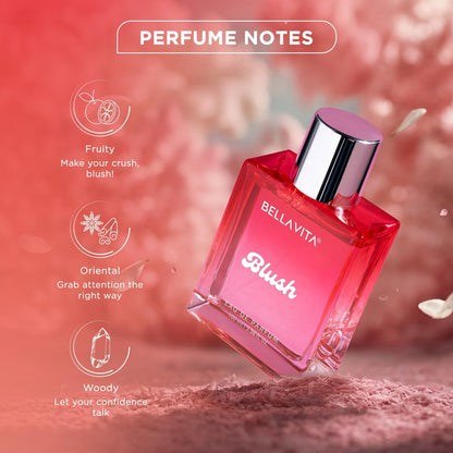 Pink perfume bottle labeled 'Blush' by Bellavita with fragrance notes on a soft pink background.