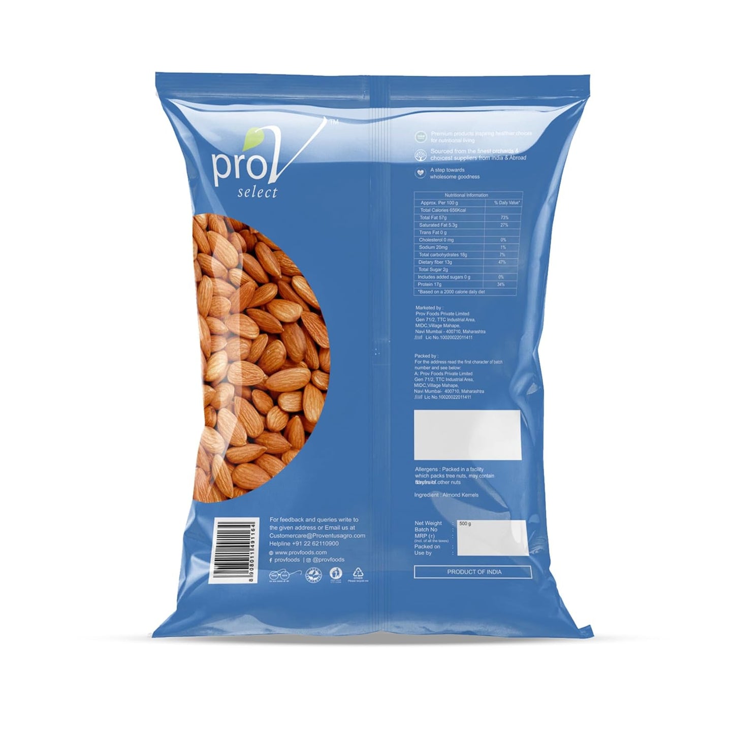 ProV Select Dried Almond 500 gm, Dry Fruits | Whole Natural Badam | High in Protein & Vitamin E | Economical Value Pack