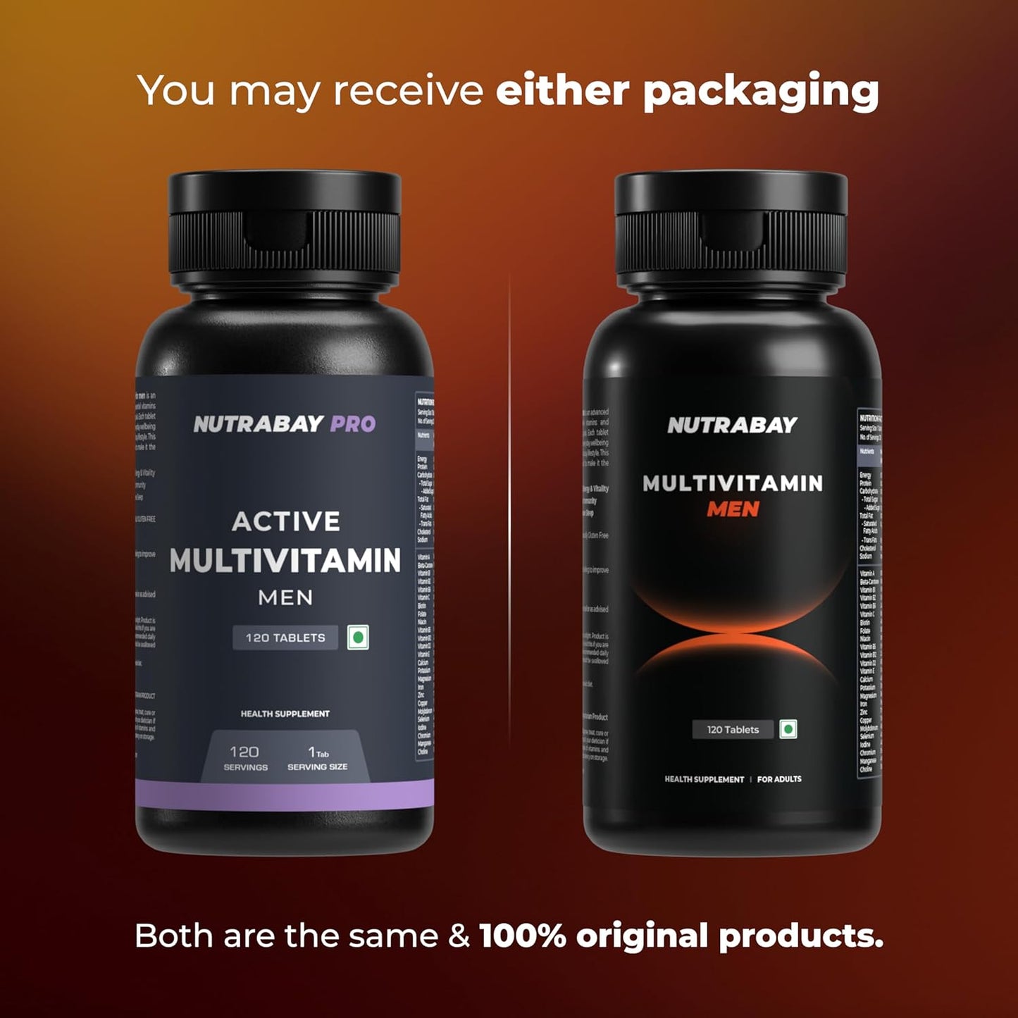 Two bottles of Nutrabay multivitamin supplements on a gradient background.