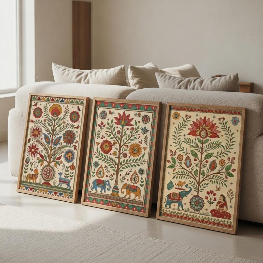 Indian Folk Art Floral Wall Painting Set of 3 with Wooden Frames | Traditional Ethnic Artwork HD Sparkle Laminated MDF Wall Decor | Boho Botanical Wall Art for Living Room Bedroom Décor