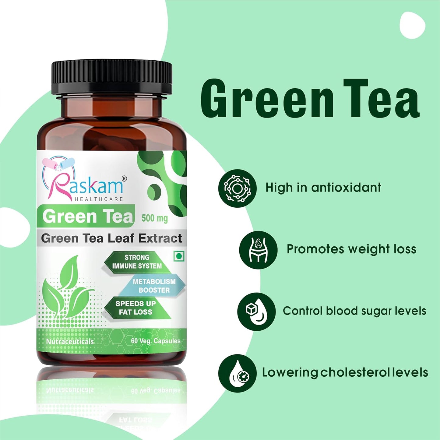 Raskam Green Tea supplement bottle with green background and text highlighting benefits