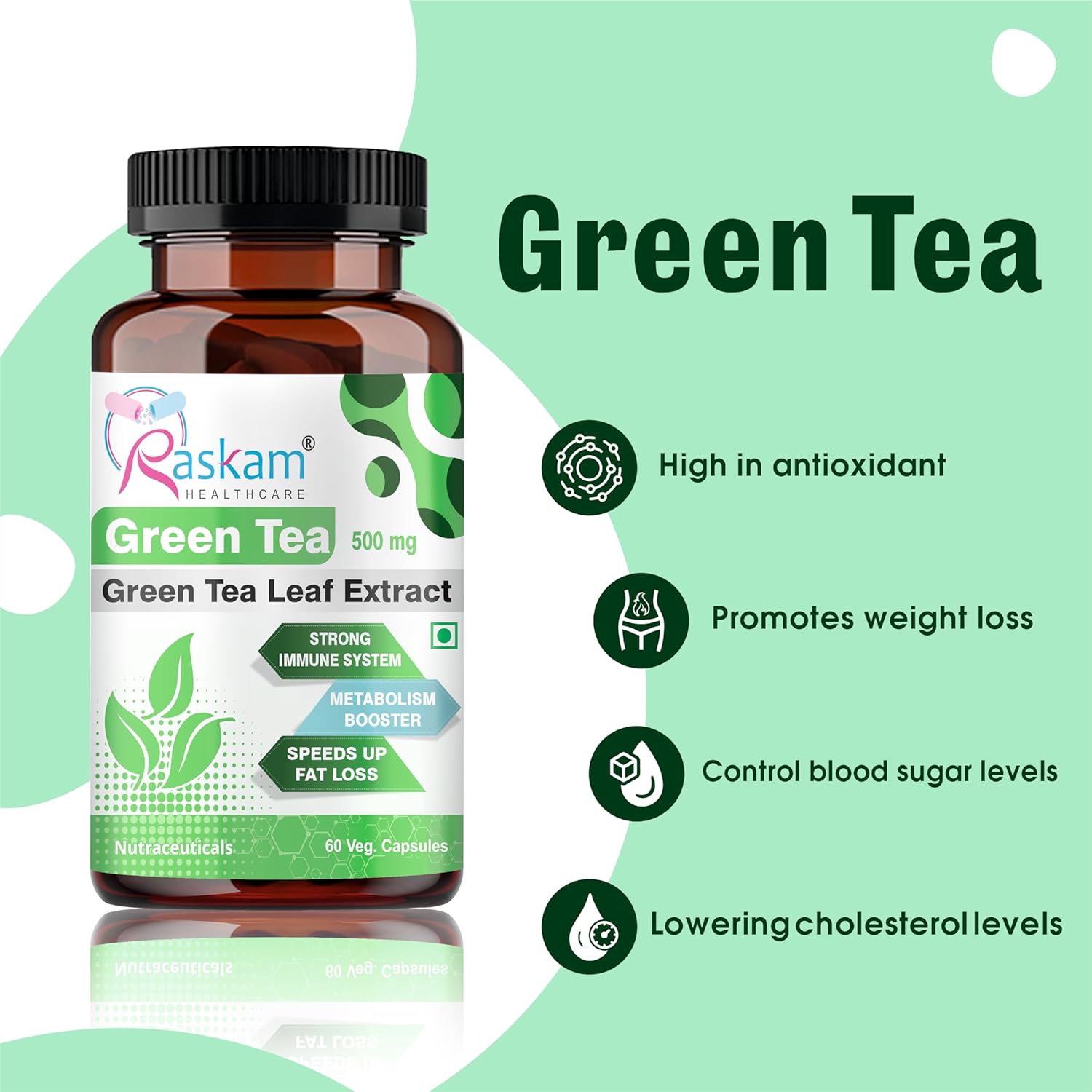 Raskam Green Tea supplement bottle with green background and text highlighting benefits