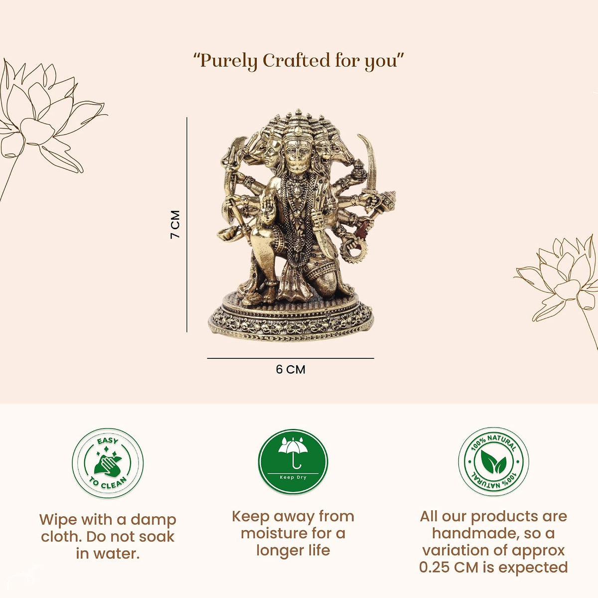 Brass Panchmukhi Hanuman Ji Idol | Handcrafted Hanuman Murti for Pooja Room | Home Temple & Festival Gift (Design01: L6 x W5.5 x H7 cm)