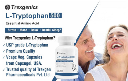 Trexgenics L-TRYPTOPHAN 500mg Essential amino acid, Stress, Mood, Relax, Restful Sleep Support (60 Vcaps) (1)