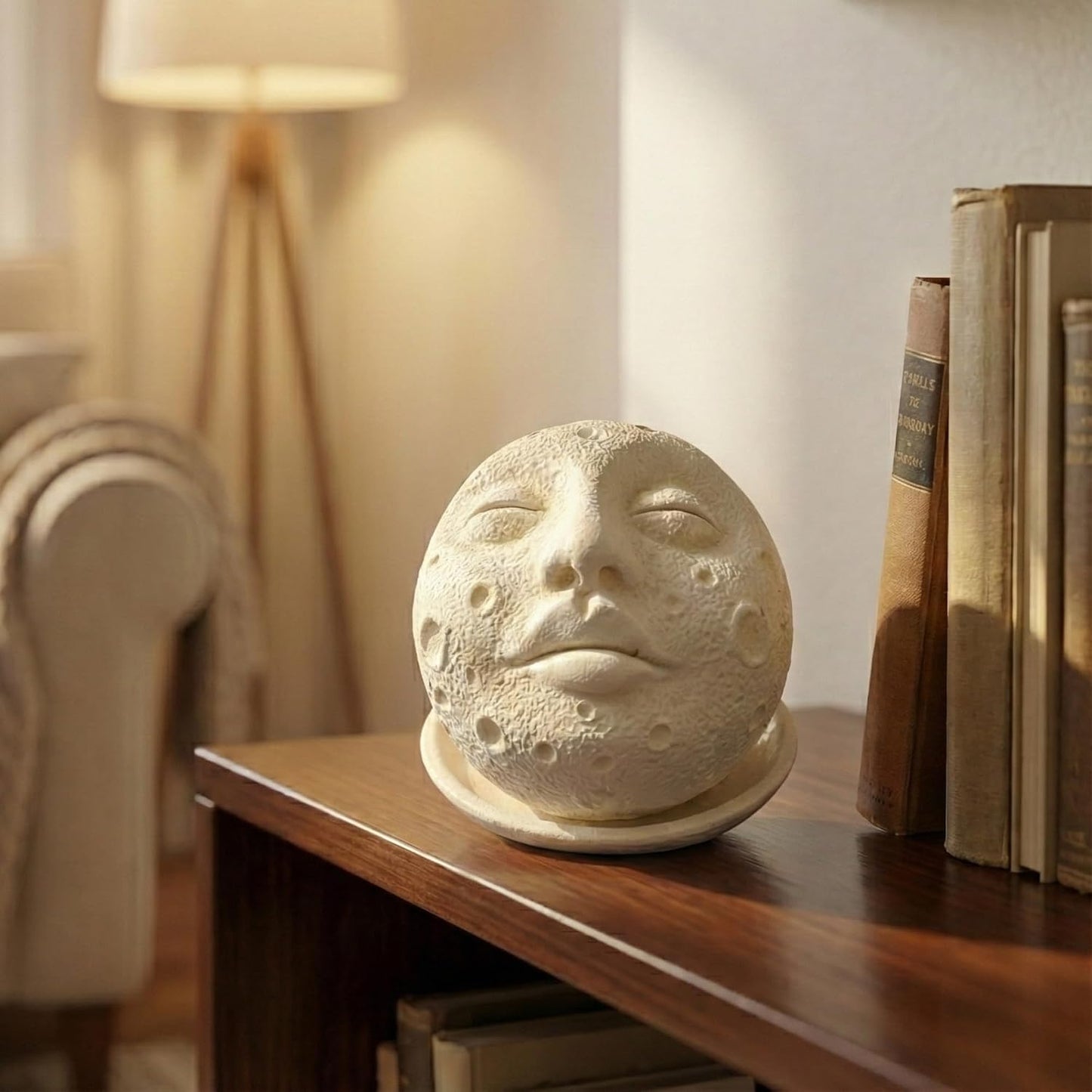 eCraftIndia White Ceramic Moon Face Decorative Incense Holder Showpiece for Home Decor Living Room Bedroom Office Desk Gift