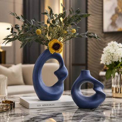 THE SACRED GIFTS Unique Navy Blue Ceramic Donut Vase 8.5 & 5.7 Inch - Set of 2 | Decorative Donut Vase for Dried Flowers & Pampas Grass | Vases for Modern Home Decor, Living Room, Office Decor Ideas