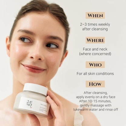 Woman holding a jar of skincare product with usage instructions on a plain background