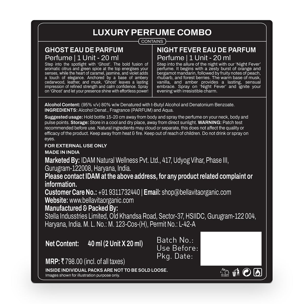 Back label of a luxury perfume combo packaging with product details.