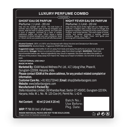 Back label of a luxury perfume combo packaging with product details.