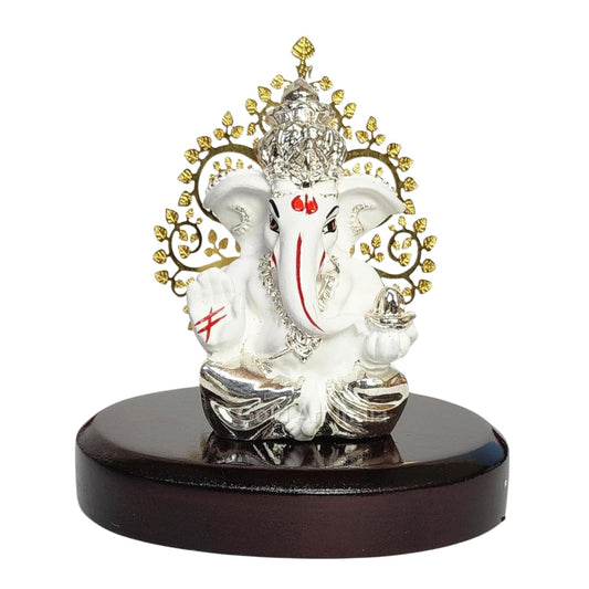 Gold Art India Lord Ganesha Idol Kalpavruksh Tree Silver White Terracotta Body Color Ganesh Ji for Car Dashboard Ganesh Murti for Home Decor, Gifting & Pooja Room Oval MDF Base (Silver Plated)