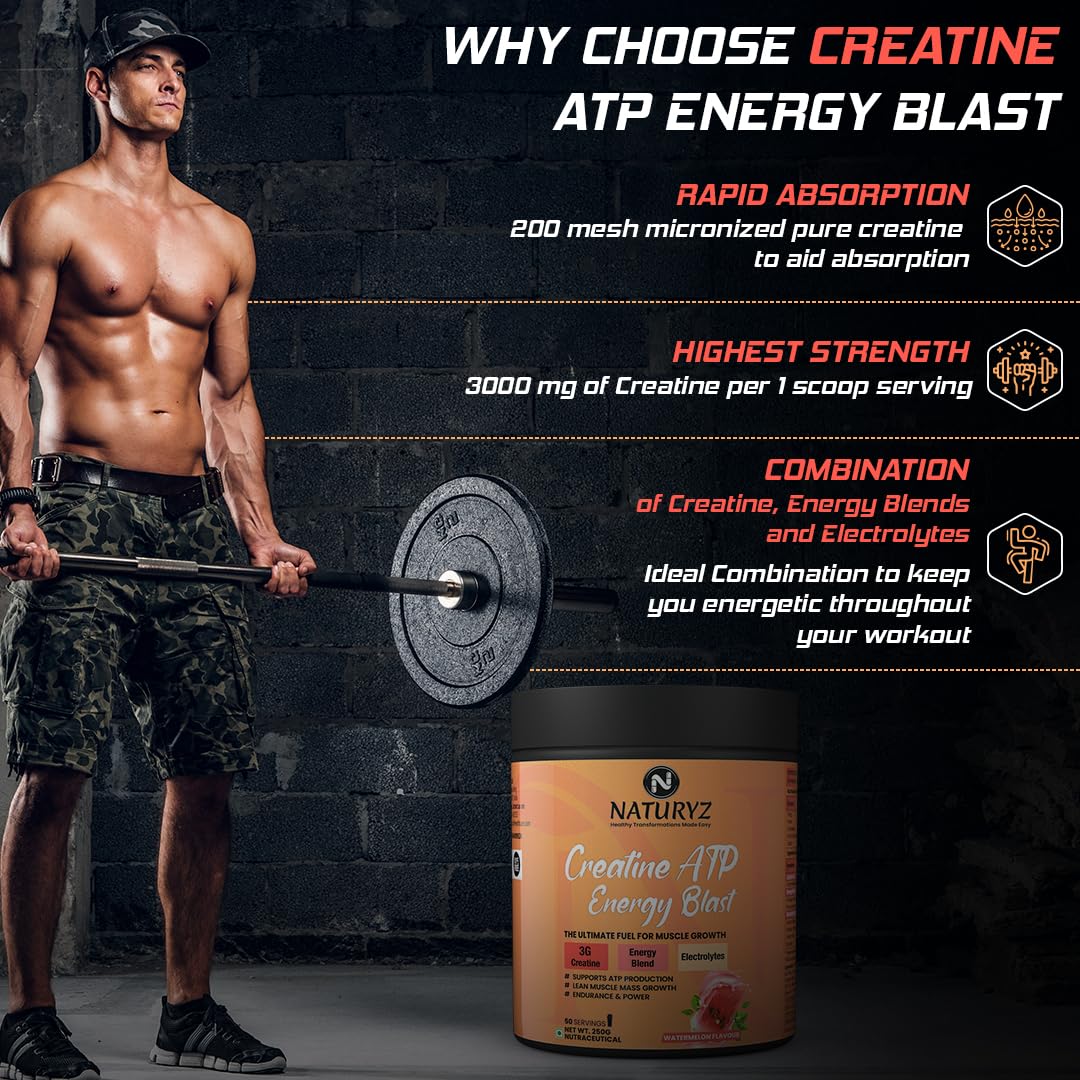 Man lifting weights with a supplement container labeled 'Creatine ATP Energy Blast' on a dark background.