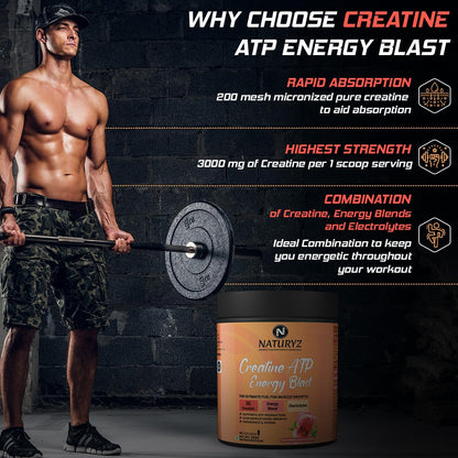 Man lifting weights with a supplement container labeled 'Creatine ATP Energy Blast' on a dark background.
