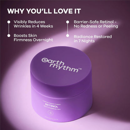 Earth Rhythm Retinol Night Cream – Vitamin B, C & E. Reduces Wrinkles, Intense Repair, Anti Ageing. No Phthalates