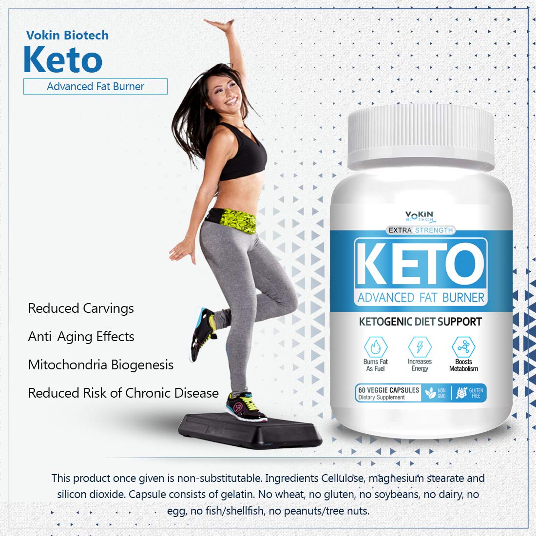 Keto supplement bottle with a woman exercising on a step machine, Vokin Biotech branding visible