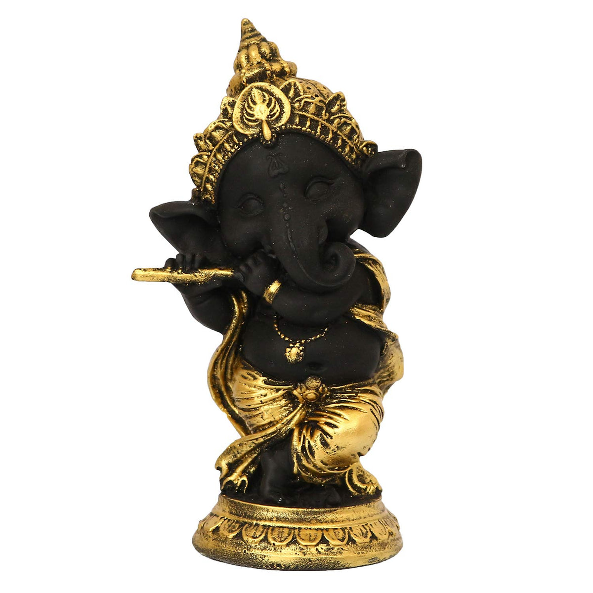 Golden And Black Polyresin Lord Ganesha Idol Playing Flute Musical Instrument Decorative Showpiece - Ideal For Home, Office Decor - Gift For Diwali, Birthday, Ganesh Chaturthi Celebrations