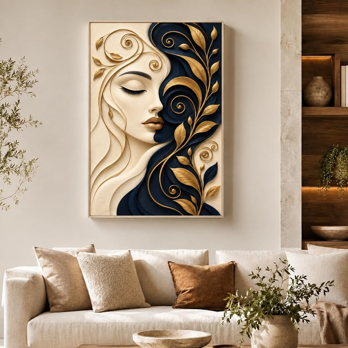Framed Laminated Wall Art, Luxury Abstract Woman Portrait, 3D Effect Decorative Art Print for Living Room and Bedroom, Set of 1