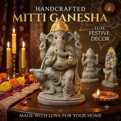 SAUDEEP INDIA Handmade Mitti Ganesh Idol with Real Gold Polish On Mukut | Eco-Friendly Handcrafted Mud/Clay Ganesh Murti | Ganpati Figurine for Visarjan | Biodegradable Mushak Ganesha Statue