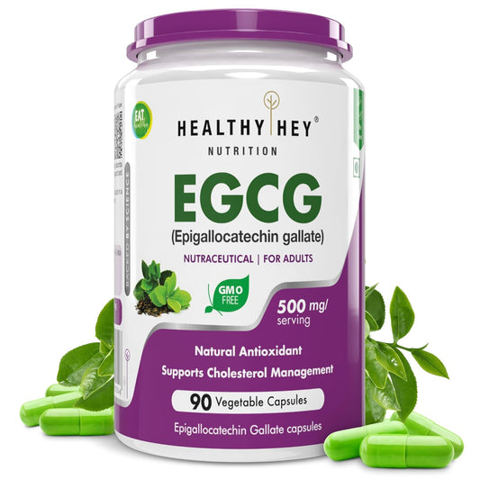 Healthy Hey Nutrition EGCG supplement container with green leaves and capsules on a white background