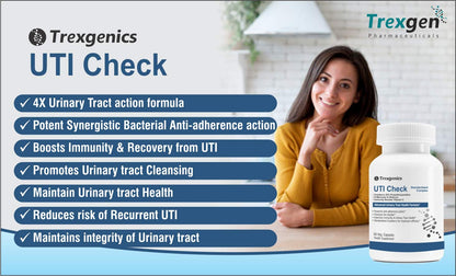 Advertisement for Trexegenics UTI Check with a woman and product bottle on a table.