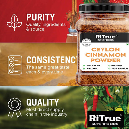RiTrue Superfoods Ceylon Cinnamon Powder jar with branding and product details on a colorful background.