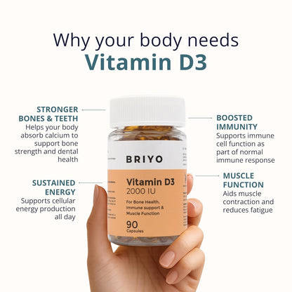 BRIYO Vitamin D3 supplement bottle held in a hand with text about vitamin benefits on a white background