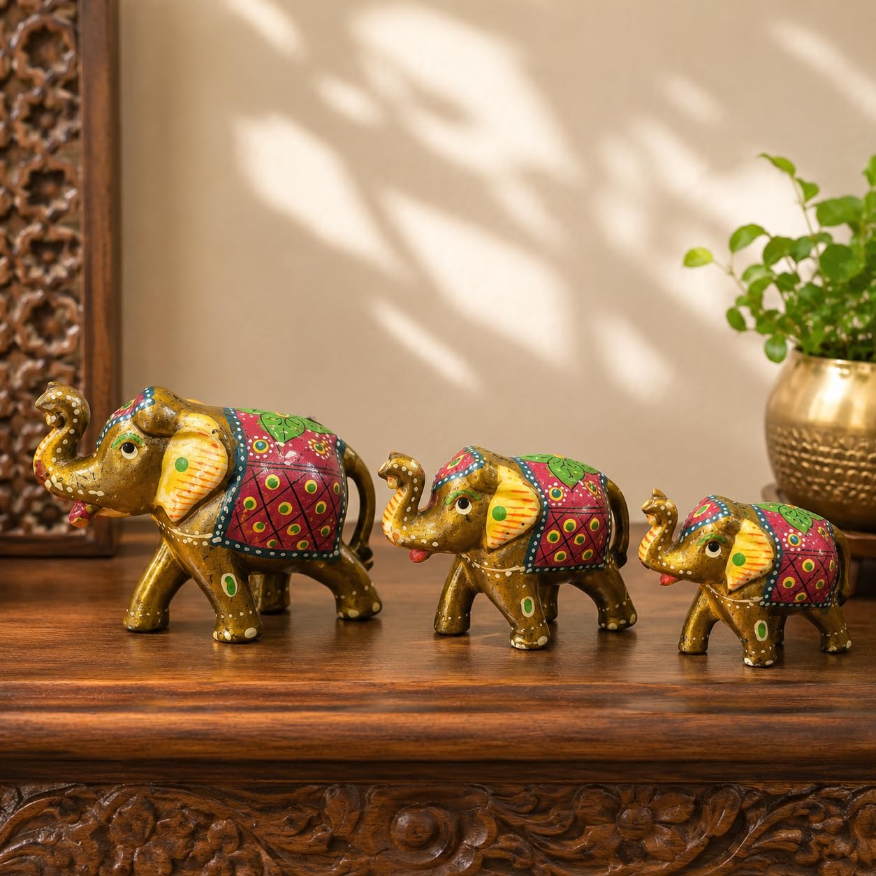 DreamKraft Paper Mache Elephant Showpiece, Yellow, Set of 3