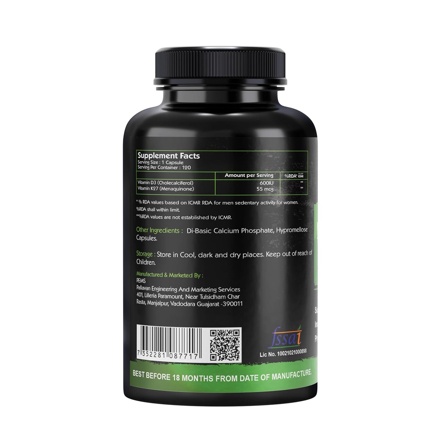 Go Organic Plant-Based Vitamin D3 600 IU with K2 as MK-7 Supplement, Sustainably Sourced Vegan Lichen Extract for Bone and Immune Support, 120 Veg Capsules