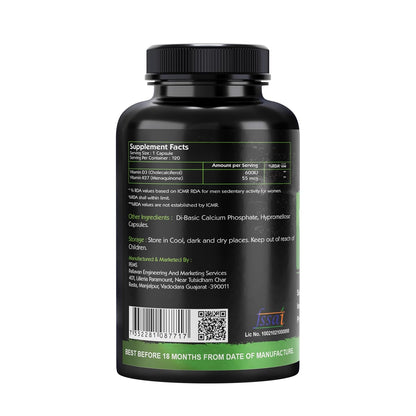 Go Organic Plant-Based Vitamin D3 600 IU with K2 as MK-7 Supplement, Sustainably Sourced Vegan Lichen Extract for Bone and Immune Support, 120 Veg Capsules