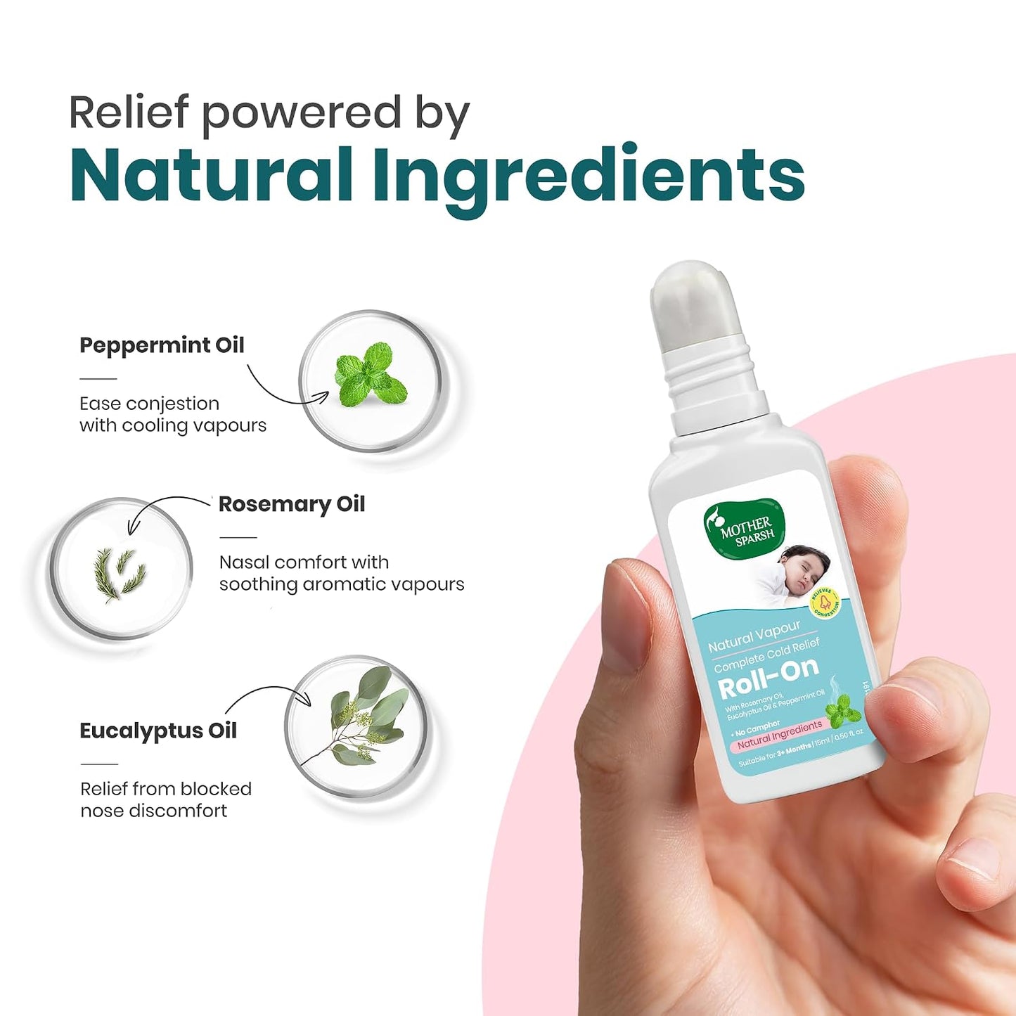 Mother Sparsh Natural Vapour Complete Cold Relief Roll-On for Babies-15ml | With Thymol Crystal, Eucalyptus Oil & Peppermint Oil for Cold & Cough | 100% Natural | Relieves Chest Congestion