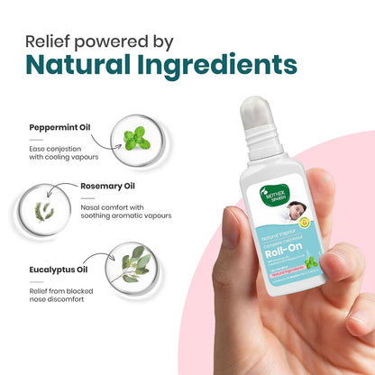 Mother Sparsh Natural Vapour Complete Cold Relief Roll-On for Babies-15ml | With Thymol Crystal, Eucalyptus Oil & Peppermint Oil for Cold & Cough | 100% Natural | Relieves Chest Congestion
