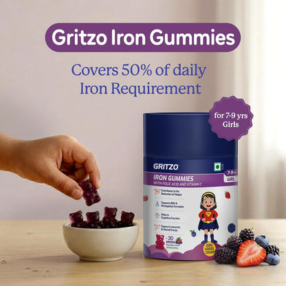 Gritzo Iron Gummies (7-9y Girl), Mixed Berry, 30 Gummies With Folic Acid & Vitamin C | Zero Added Sugar