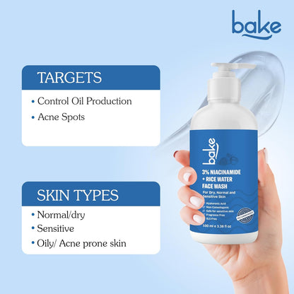 BAKE 3% Niacinamide Face Wash with Rice Water for Acne Marks, Scars & Dark Spots | Daily Anti Acne Face Wash | With Hyaluronic Acid - 100ml