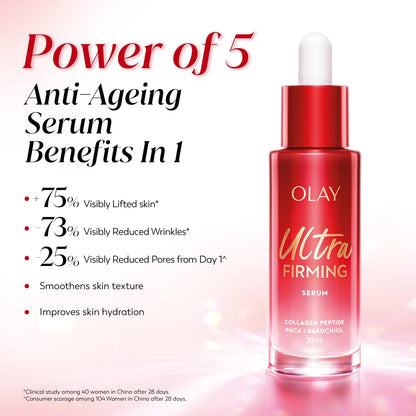 Olay Ultra Firming Serum bottle with text highlighting benefits on a white background