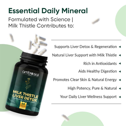 Ambrosial Milk Thistle Liver Detox supplement bottle with text highlighting benefits on a white background