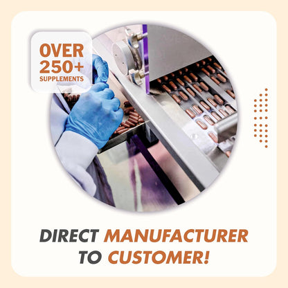 Person in blue gloves operating a machine with text about supplements and direct manufacturing.