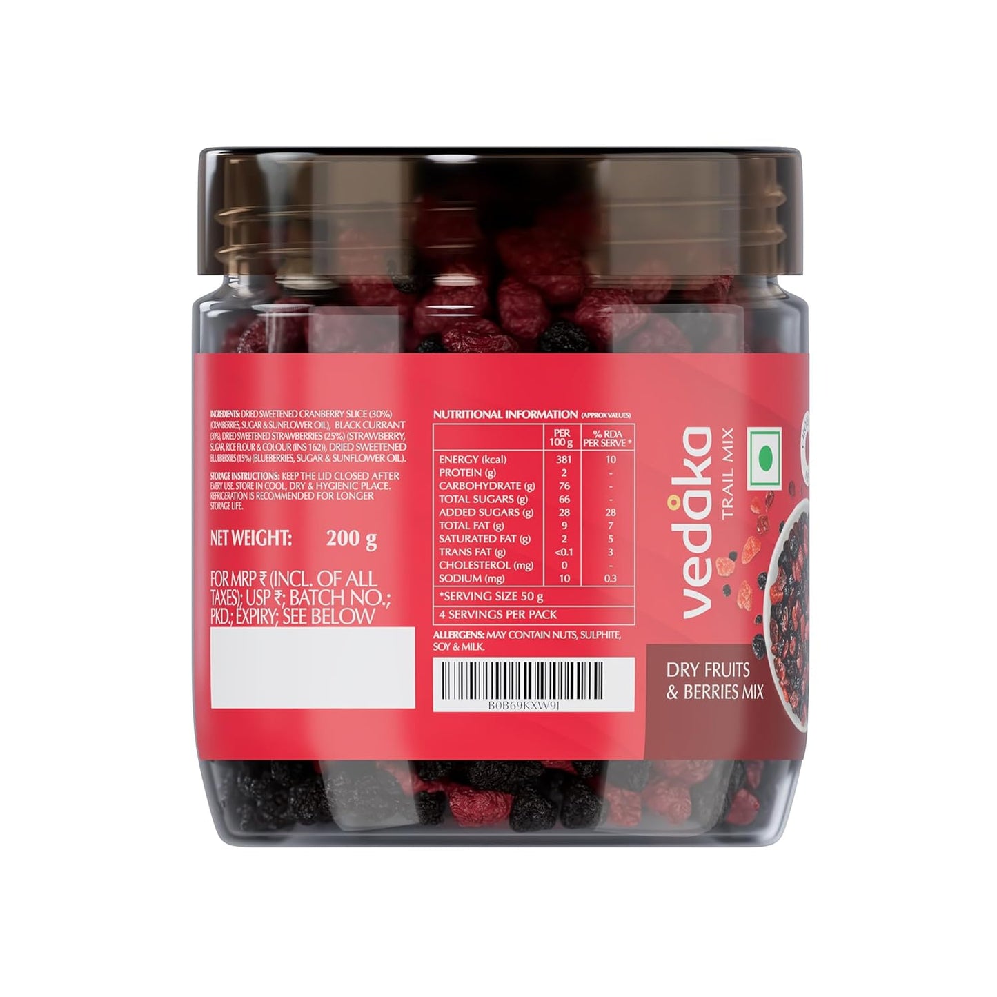 Vedaka Berries Mix | 200 g | Blueberry, Strawberry, Cranberry and Black Currant | Healthy Snacking
