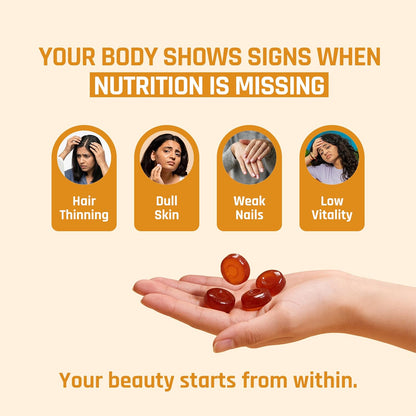 Illustration of a hand holding vitamins with text about nutrition and beauty on a beige background