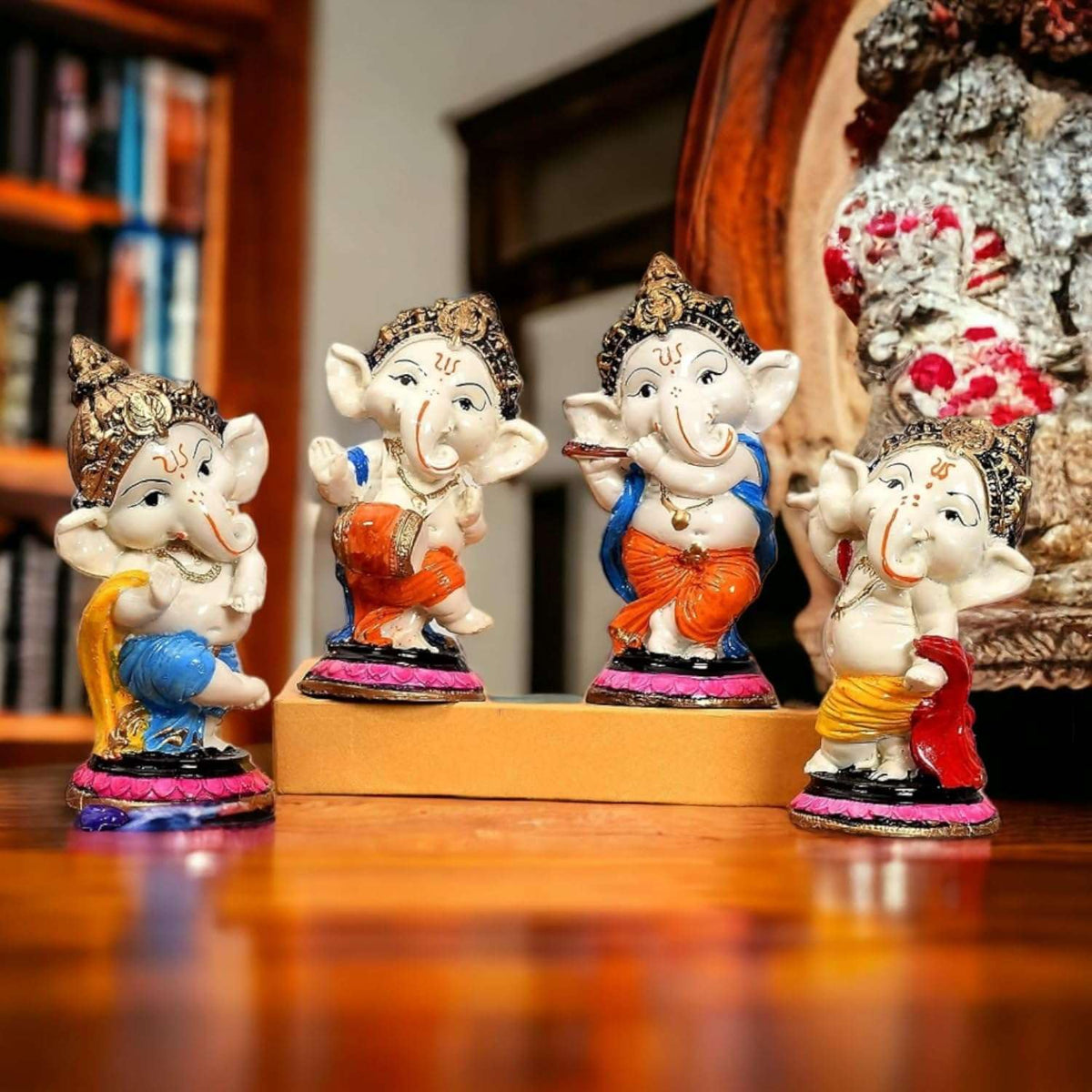Handcrafted Resin Little Ganesh Idol Set of 4 Showpieces for Home Decor Office Table Temple Spiritual Gift Figurine Collection