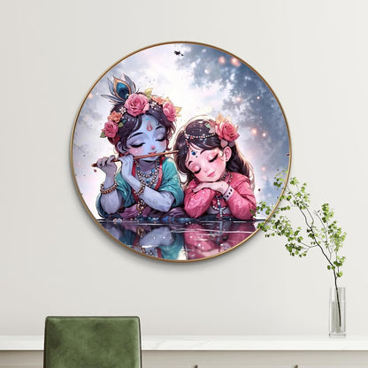 Baby Radha Krishna Round Art Print with Golden Frame | Cute Flute HD Art Print for Kids Room Pooja Living Room 16 Inch x 16 Inch