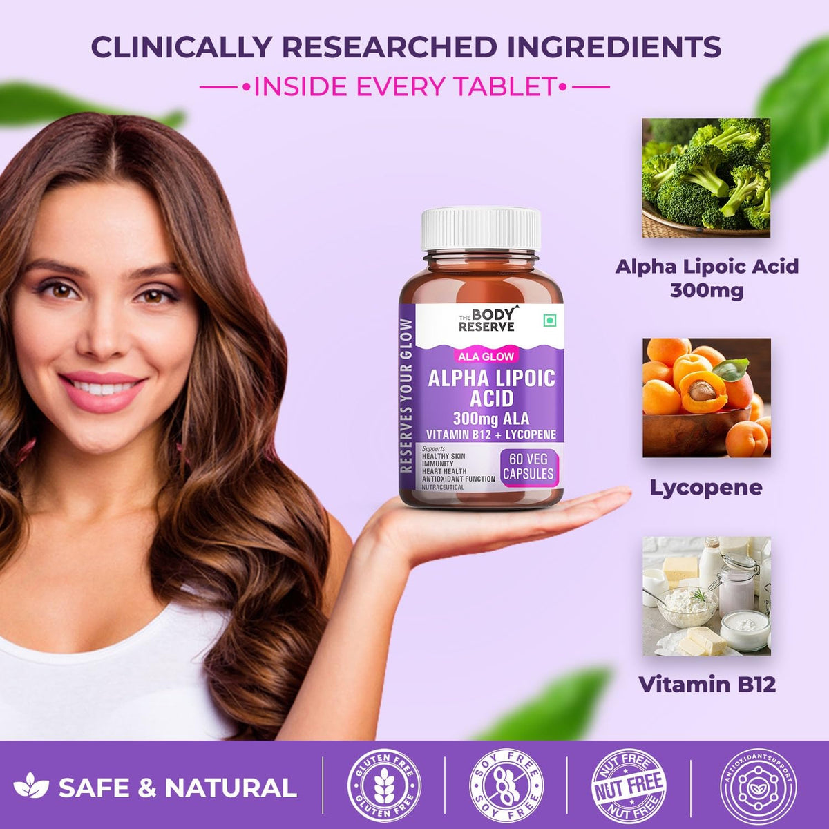 Woman holding a supplement bottle with clinically researched ingredients on a purple background