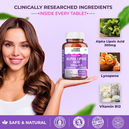 Woman holding a supplement bottle with clinically researched ingredients on a purple background