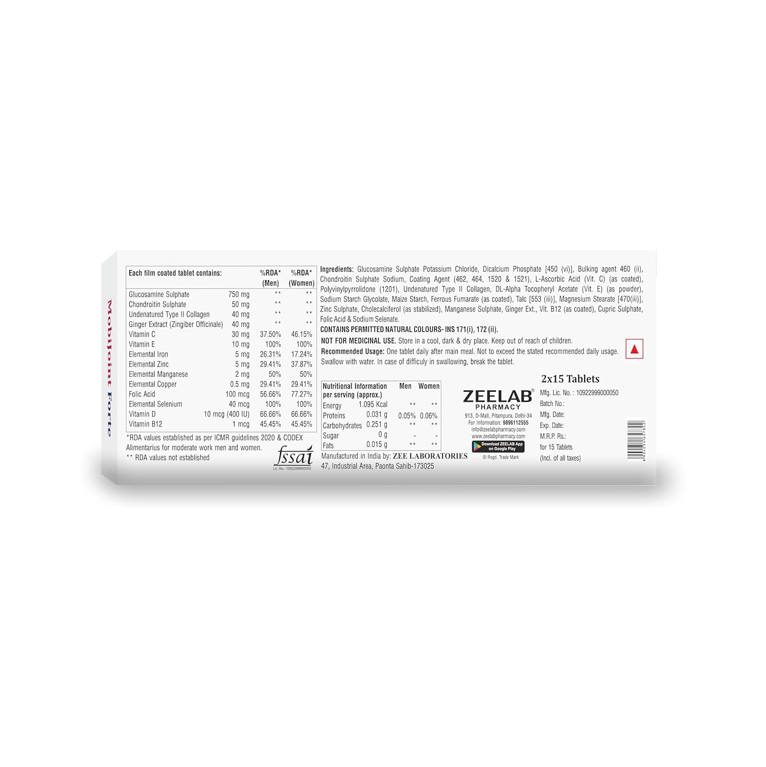 Zeelab supplement packaging with detailed label on a white background