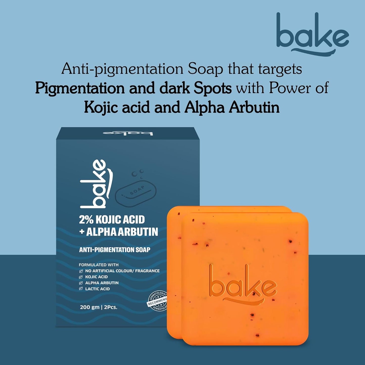 Orange soap bar and blue packaging with 'bake' branding on a blue background