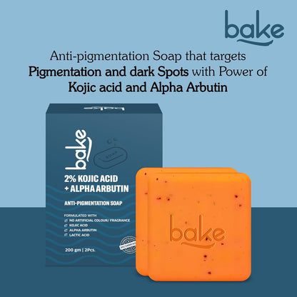 Orange soap bar and blue packaging with 'bake' branding on a blue background