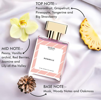 Perfume bottle labeled 'Bombele' with floral and fruit decorations on a white background