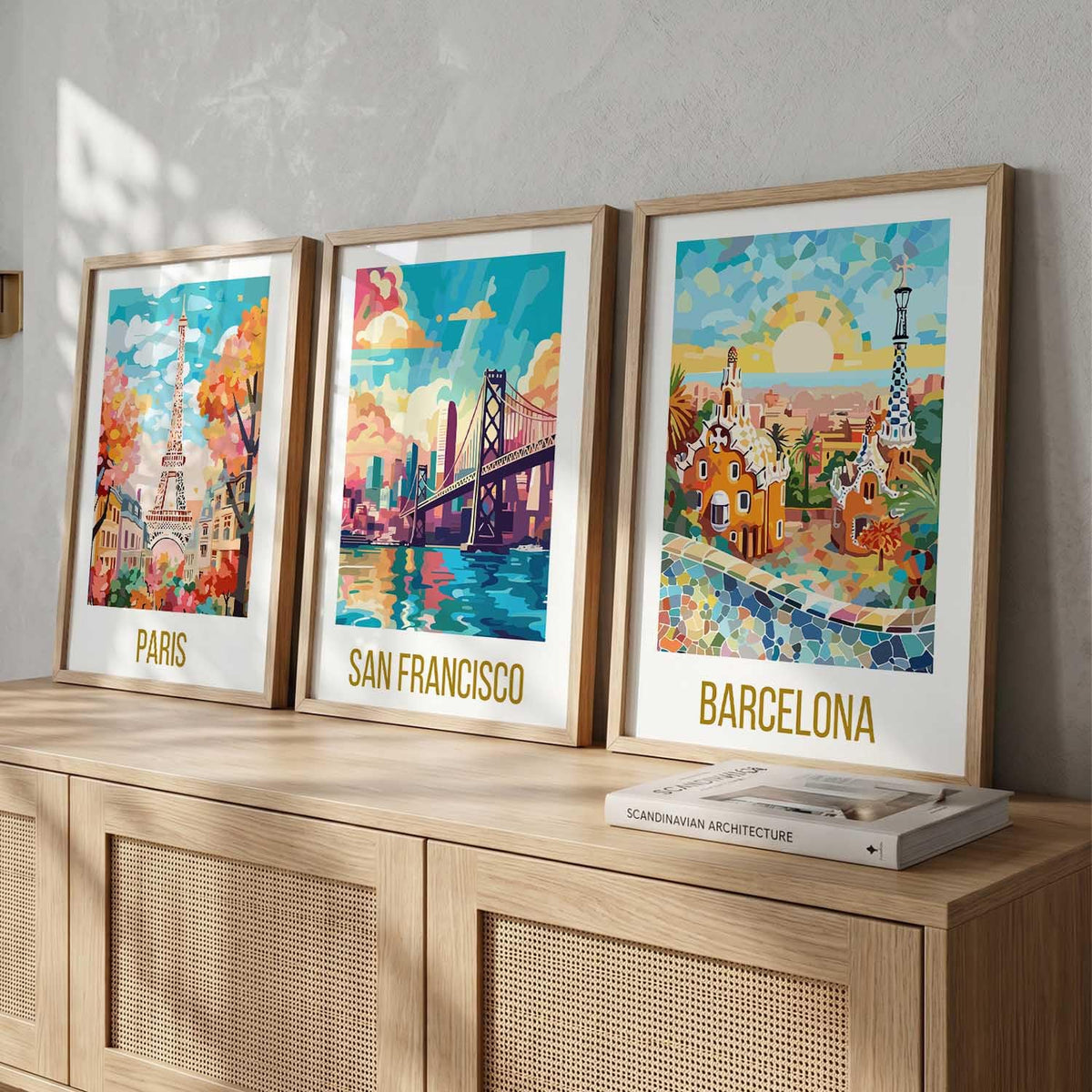 Decorative Travel poster With Frame Wall Art Home Decor Painting For Living Room Office Hotel Wall Decor Digital Reprint Set of 3 (13X17 inch)