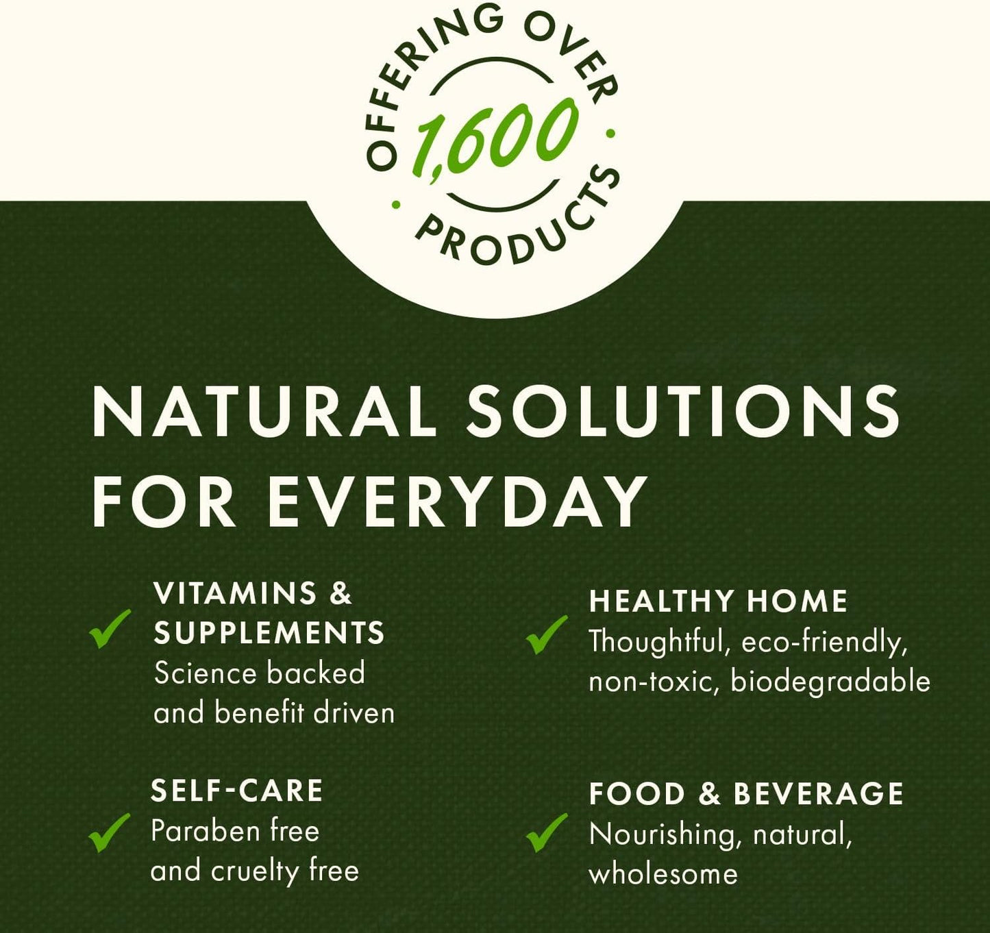 Promotional graphic for a brand offering natural solutions with text on a green background.