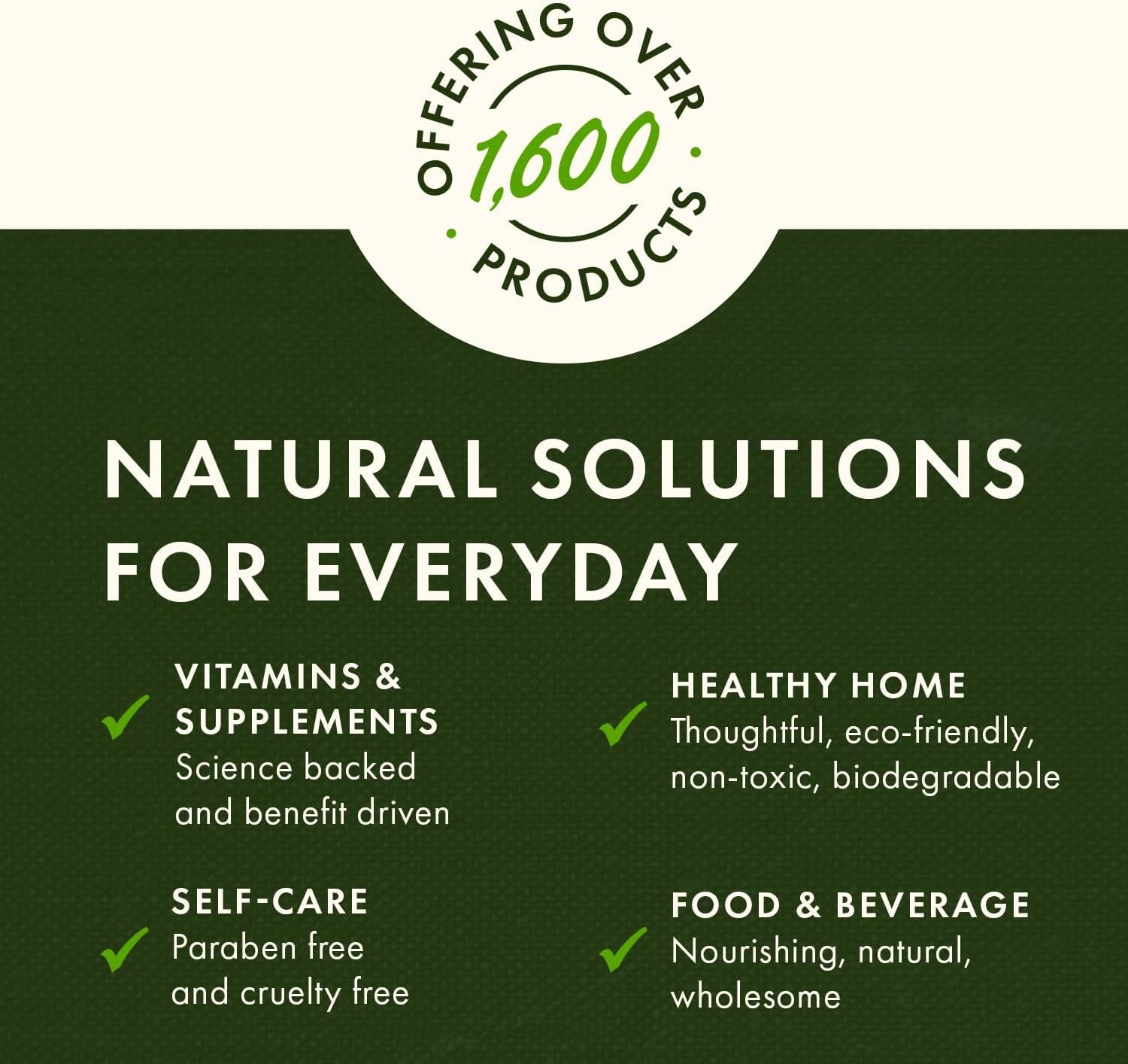 Promotional graphic for a brand offering natural solutions with text on a green background.