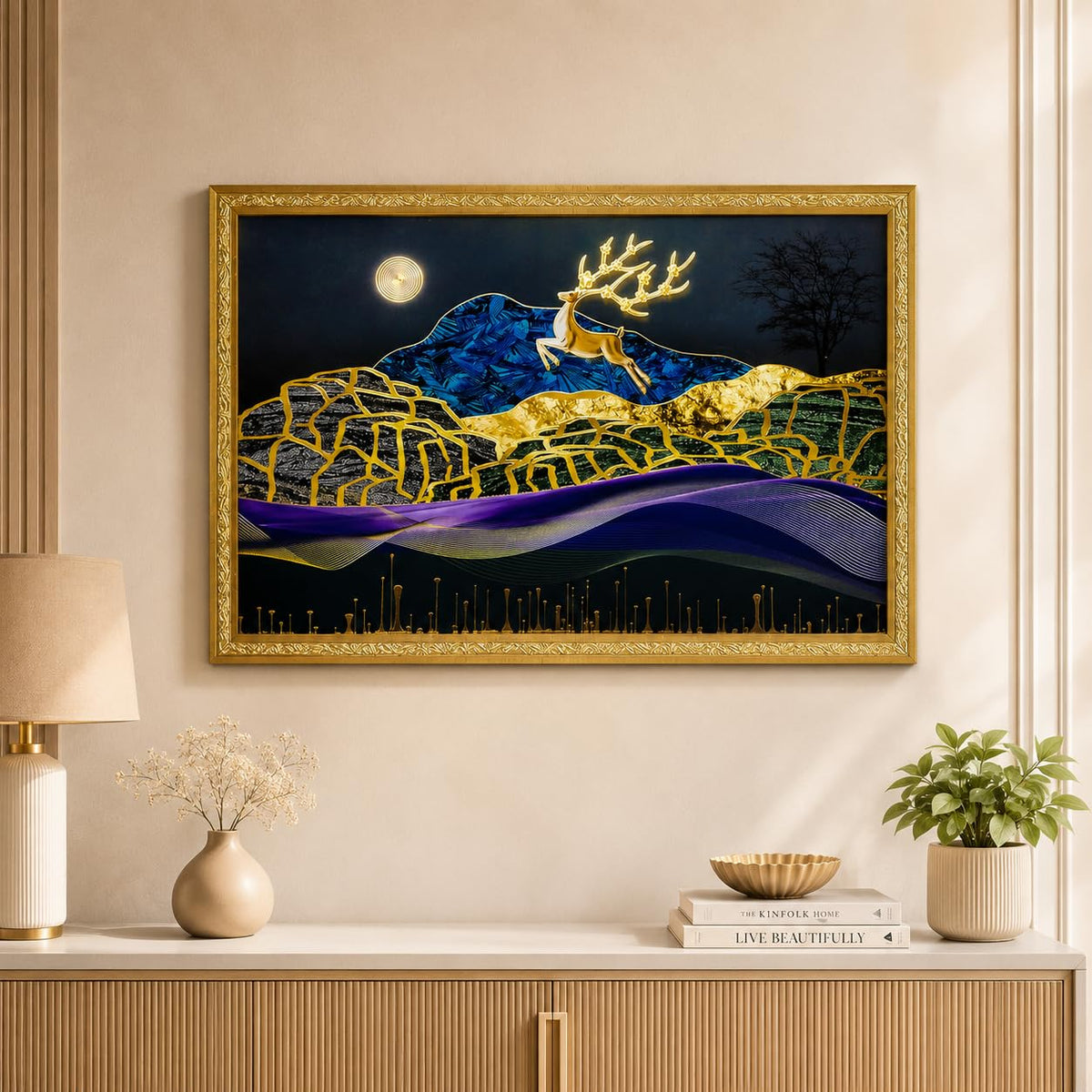 3D Golen Foil Modern Art Landscape with Joyful Lucky Reindeer | Framed Painting | Ready to Hang - (Multicolor, 14 Inch x 20 Inch)
